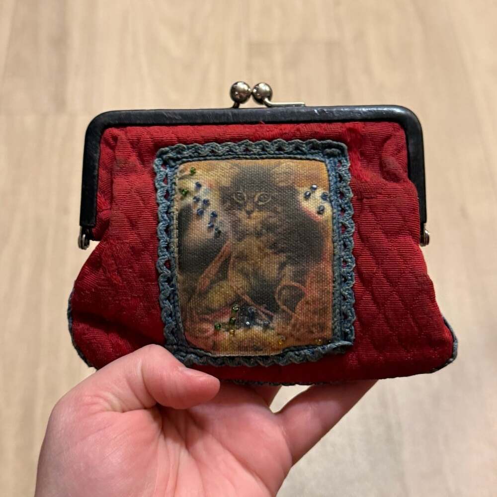 Brighton Cat Kiss Lock Coin Purse Red Quilted Fabric